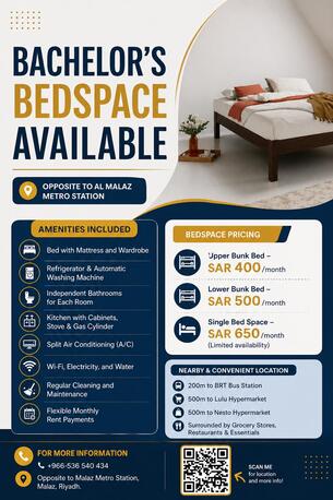 SAR 400/Month | Bed Space for Bachelor | Opposite Al Malaz Metro Station